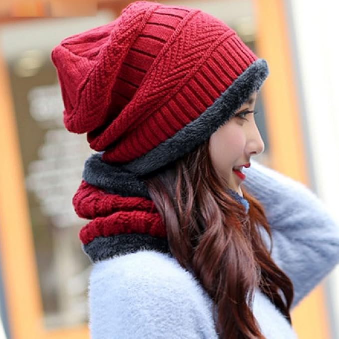 Winter Knit Beanie Cap with Neck Warmer Scarf