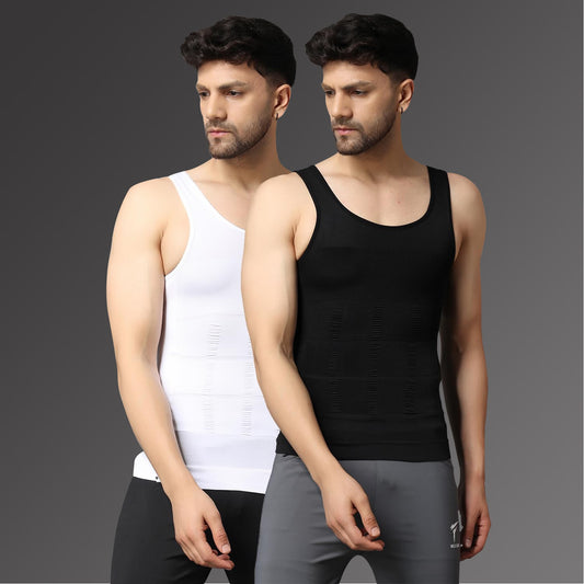 Stretchable Slimming Innerwear Shirt Tummy Tucker Vest for Men Slim Fit Tummy Control Tank Top Compression Vest Men Shapewear - Pack of 2 - Black & White