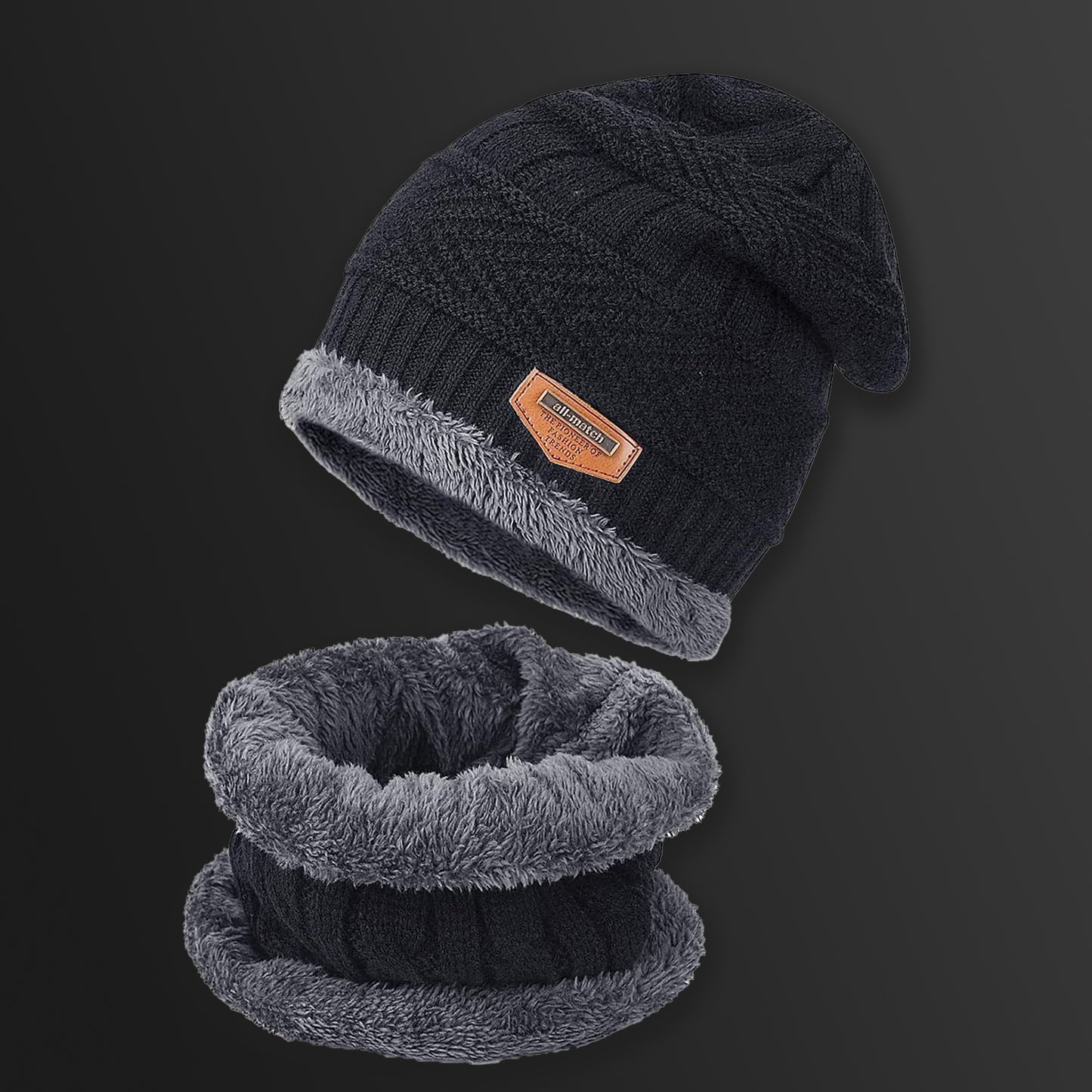 Winter Knit Beanie Cap with Neck Warmer Scarf