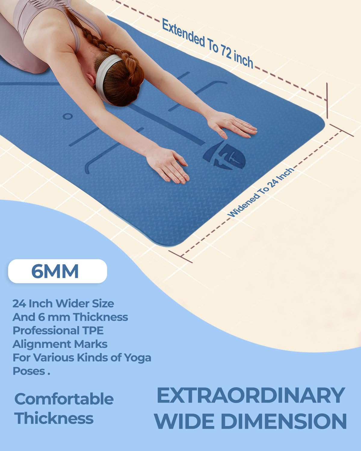 Premium Thick TPE Yoga Mat 72"x24"x 6mm