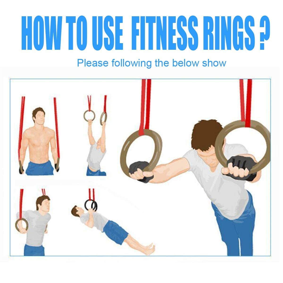 FirstFit Wooden Gymnastics Rings, Roman Ring 1000 lbs Capacity with 14.5ft Adjustable Buckle Straps for Cross Fitness Functional Training for Home Gym Full Body Workout - Off White