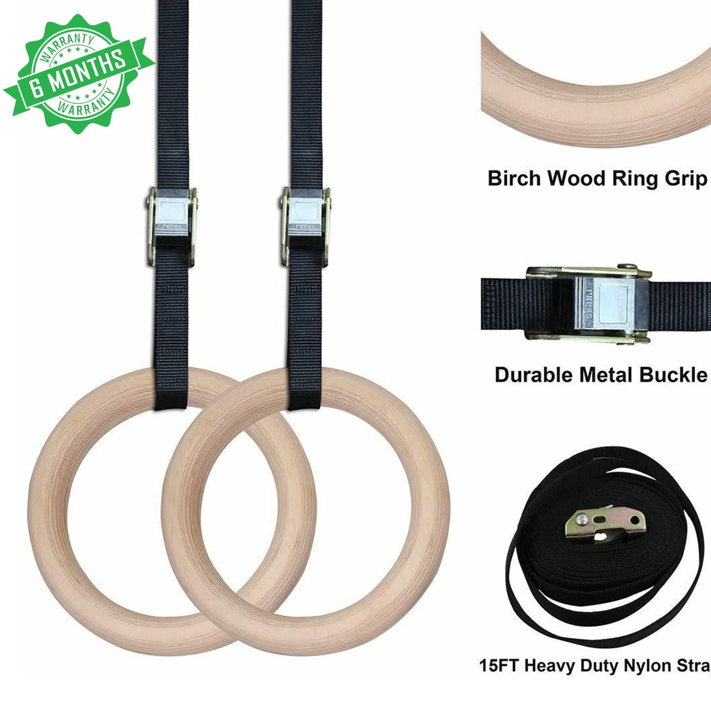 FirstFit Wooden Gymnastics Rings, Roman Ring 1000 lbs Capacity with 14.5ft Adjustable Buckle Straps for Cross Fitness Functional Training for Home Gym Full Body Workout - Off White