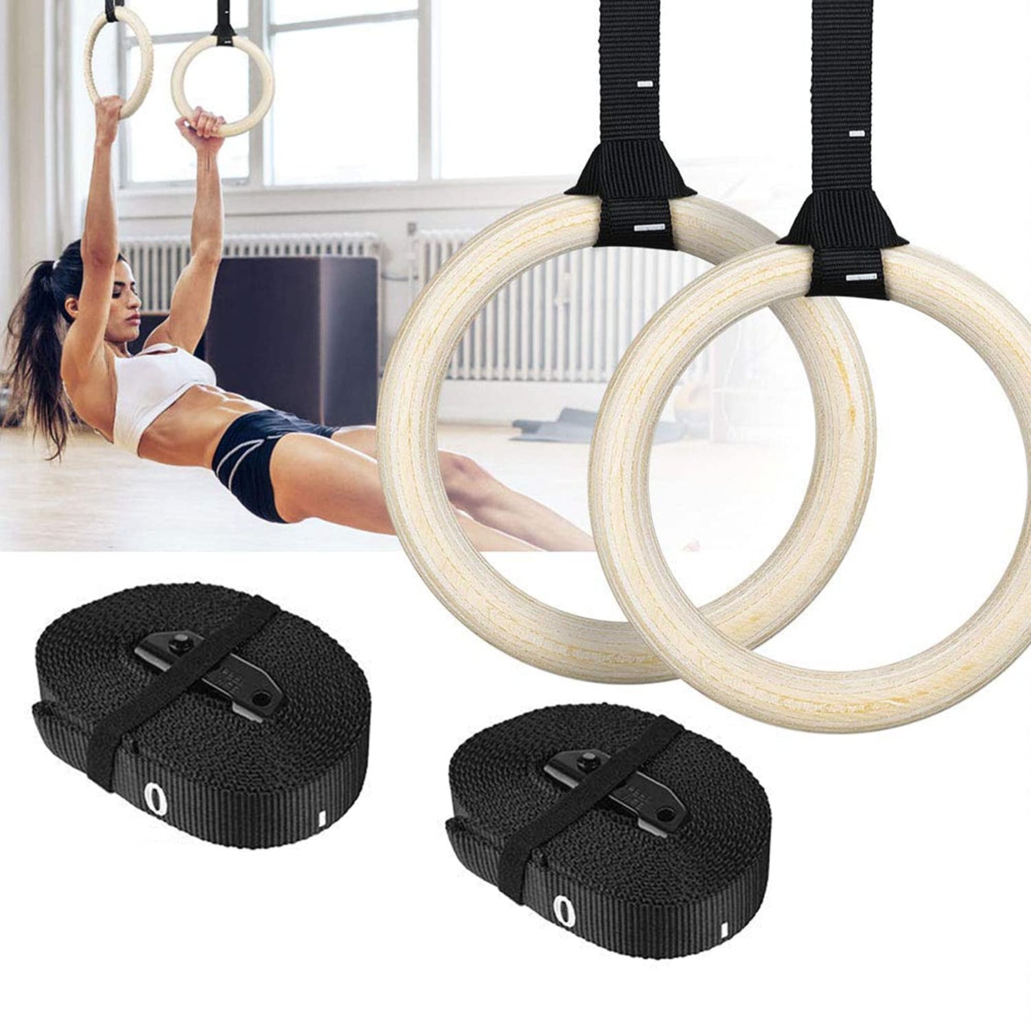 FirstFit Wooden Gymnastics Rings, Roman Ring 1000 lbs Capacity with 14.5ft Adjustable Buckle Straps for Cross Fitness Functional Training for Home Gym Full Body Workout - Off White